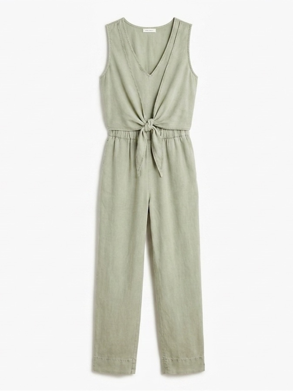 Anthropologie Sage Green Tie-Front Linen Jumpsuit